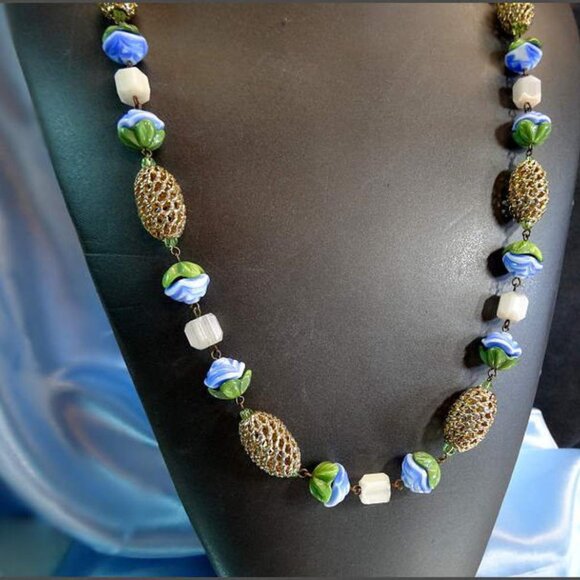 1950s Signed Hattie Carnegie Necklace New Gablonz Glass Flowers 16994 - Picture 3 of 8